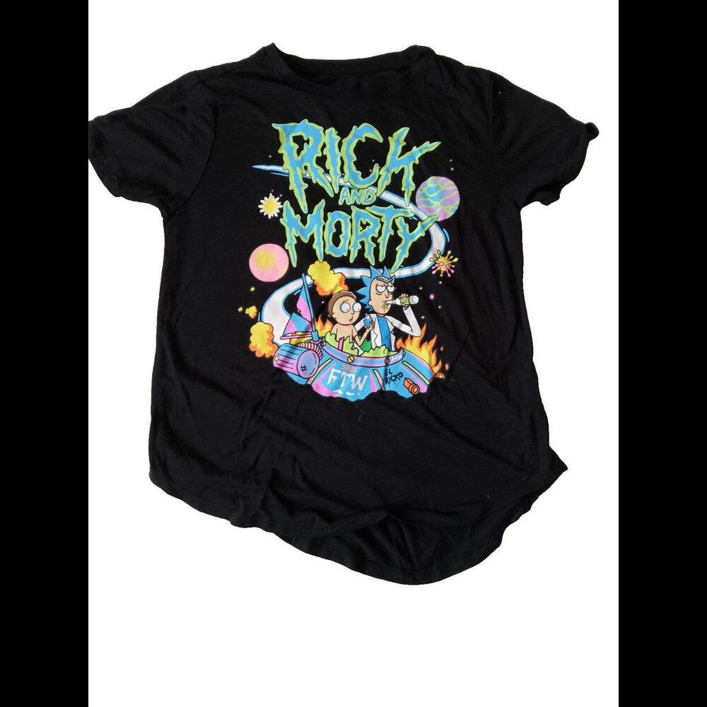Rick and Morty Junior Large 11-13 T-Shirt Black Super Soft Graphic Women Curved